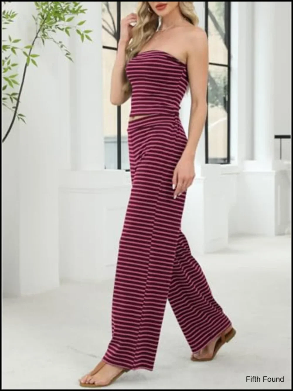 Two Piece Lounge Set Striped Tube Top and Wide Leg Pants Summer Outfit